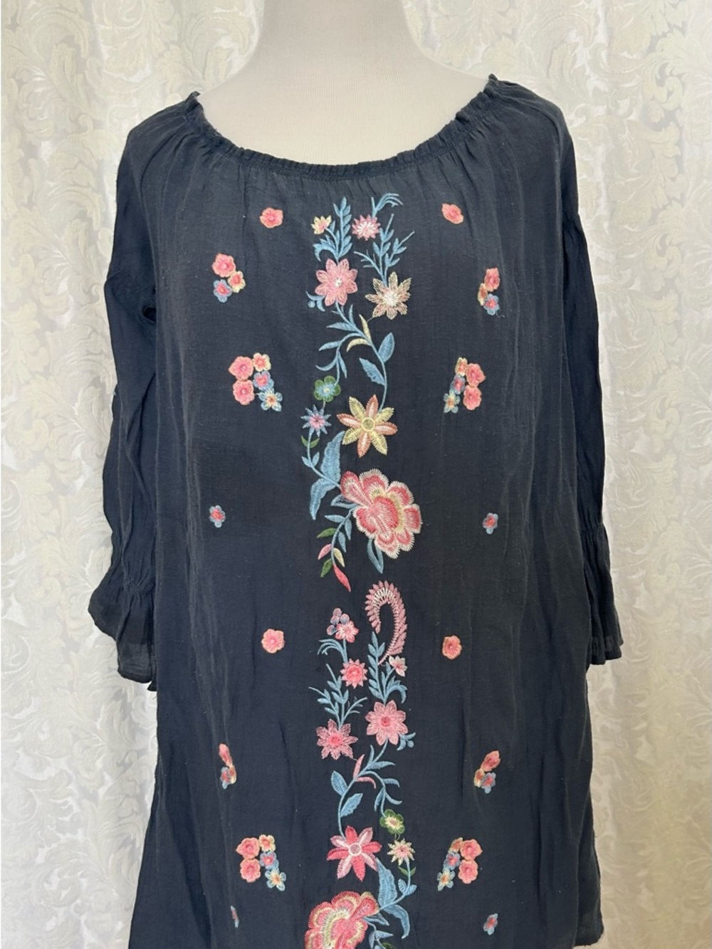 Denim coloured  Embroidered Boho Tunic with Pink & Blue Floral Detail